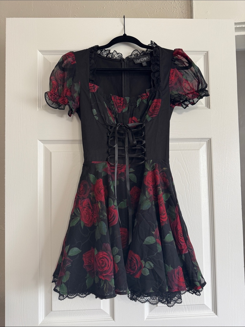 Dolls Kill Widow Rose Print Lace-Up Mini Dress - Size XXS Deadstock*